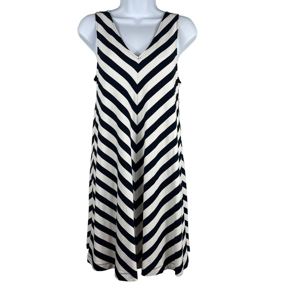 LOFT XS Black White Chevron Stripe Sleeveless V Neck Swing Dress